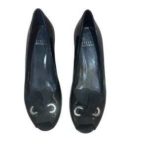 Stuart Weitzman Black Patent w Grosgrain Bow Open Toe Kitten Heel